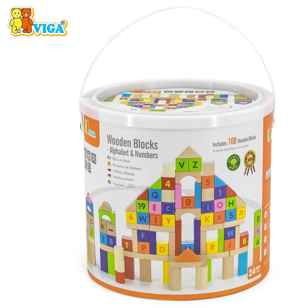 Viga Wooden Building Blocks 100 Pcs - Alphabet & Numbers
