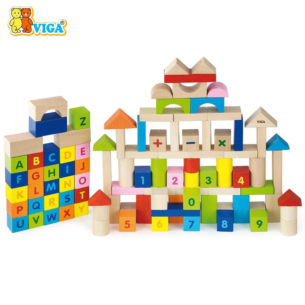 Viga Wooden Building Blocks 100 Pcs - Alphabet & Numbers