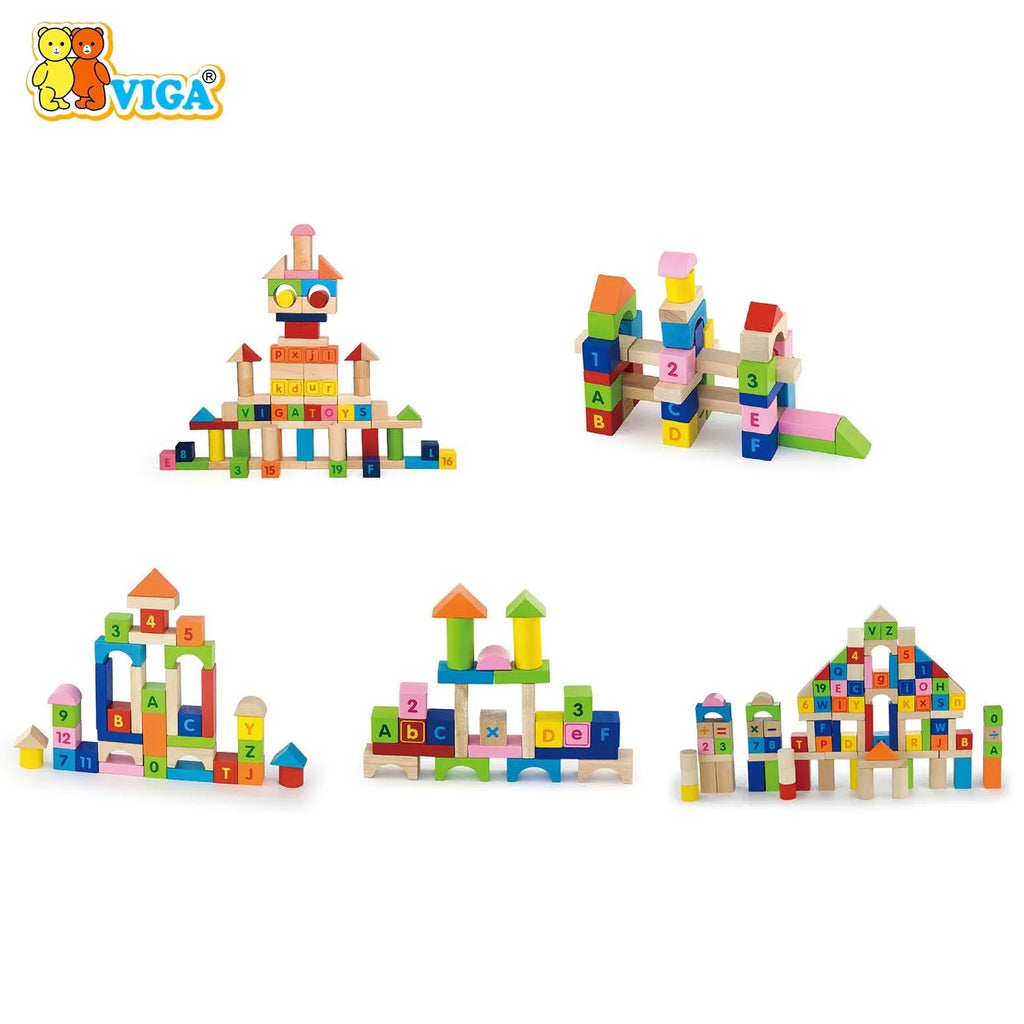 Viga Wooden Building Blocks 100 Pcs - Alphabet & Numbers