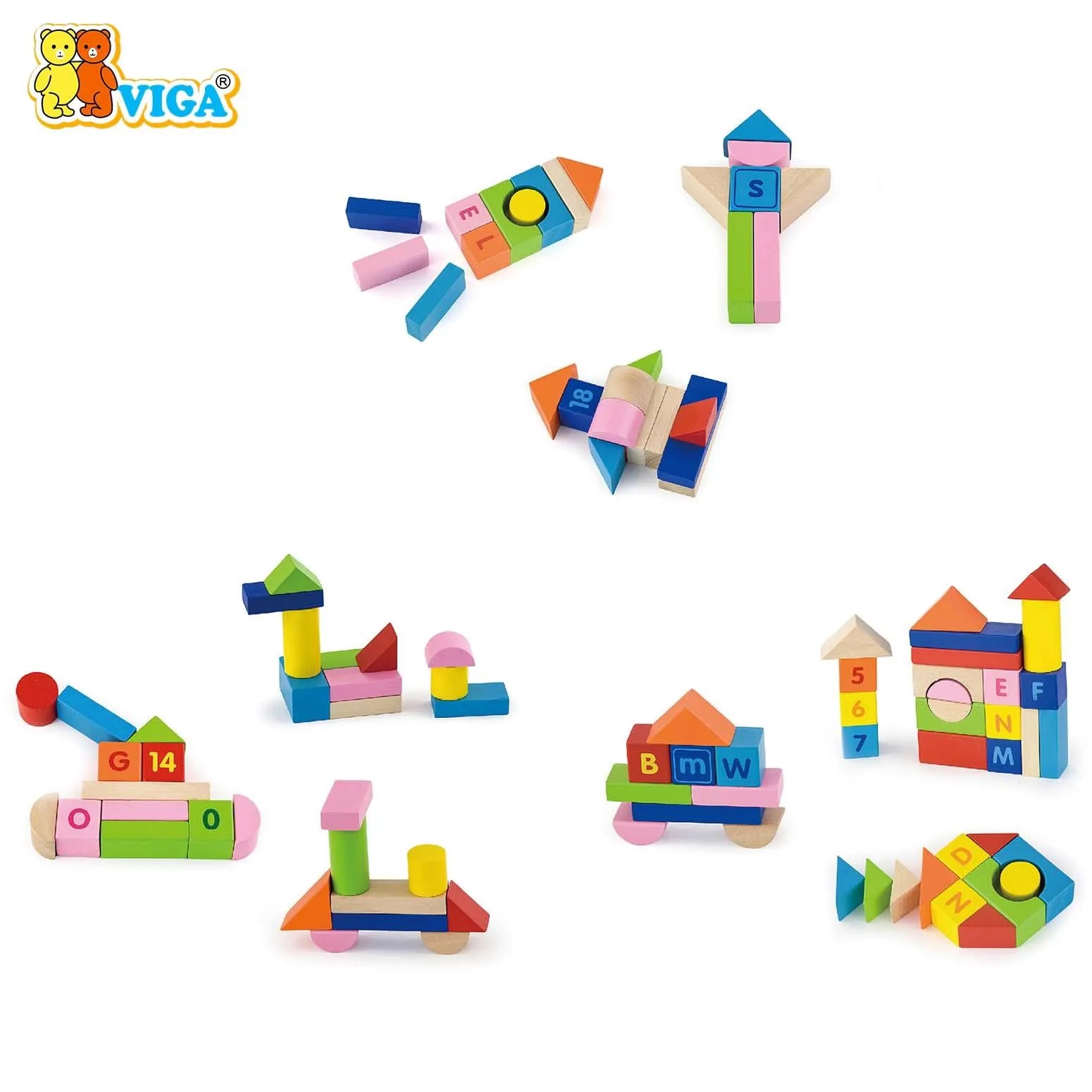 Viga Wooden Building Blocks 100 Pcs - Alphabet & Numbers