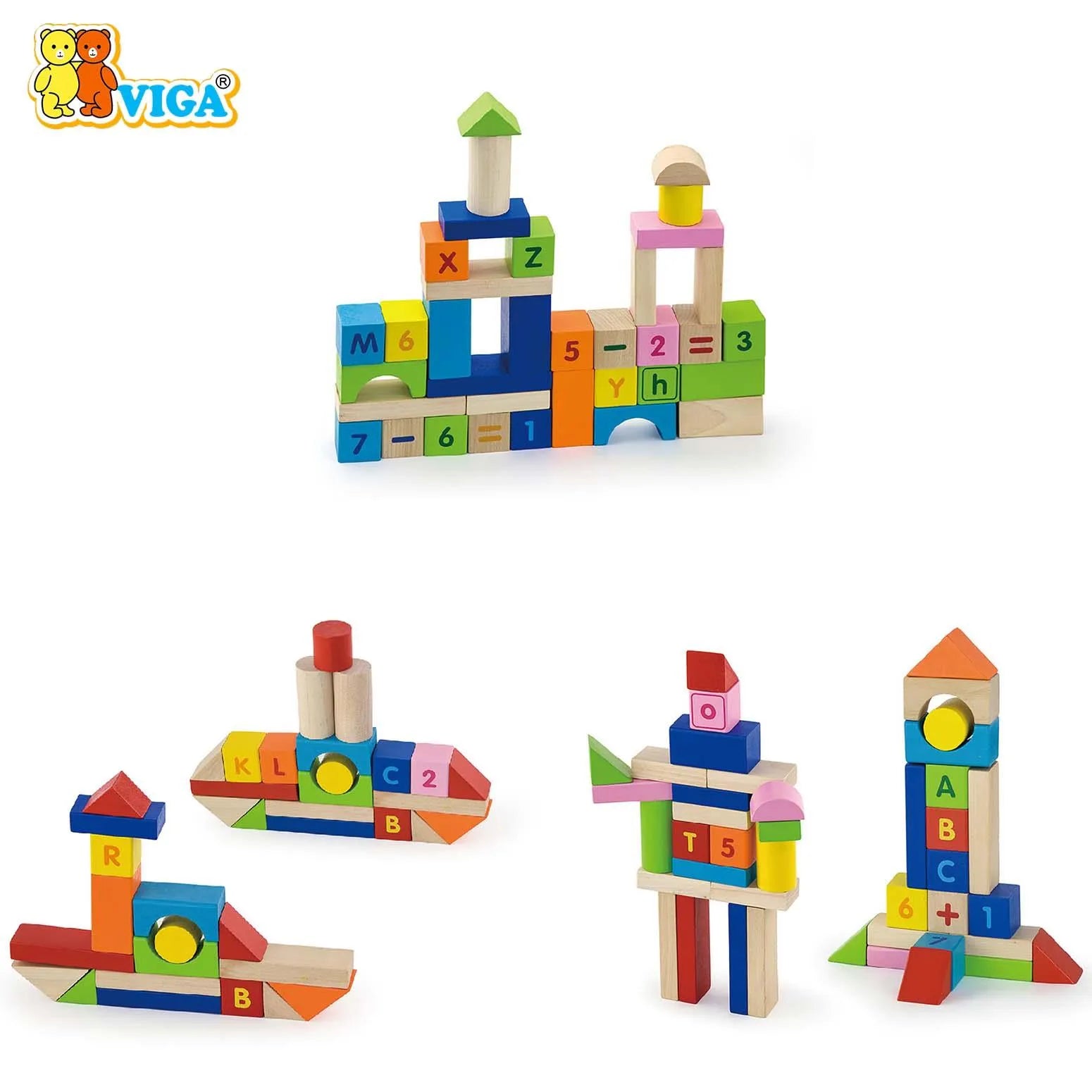 Viga Wooden Building Blocks 100 Pcs - Alphabet & Numbers