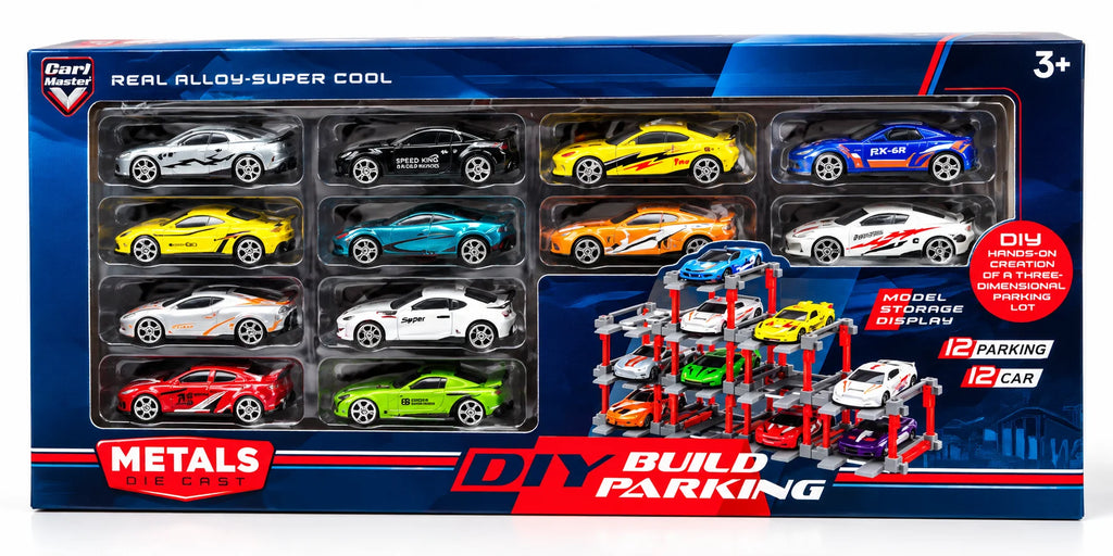 1:64 Pull-Back Die-Cast Cars with DIY Parking Tower – 12 Cars