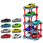1:64 Pull-Back Die-Cast Cars with DIY Parking Tower – 12 Cars