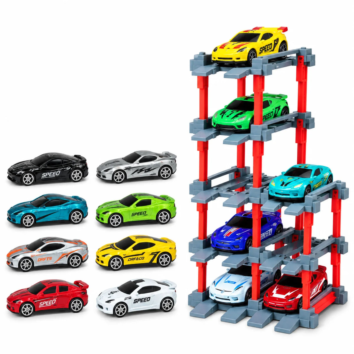 1:64 Pull-Back Die-Cast Cars with DIY Parking Tower – 12 Cars