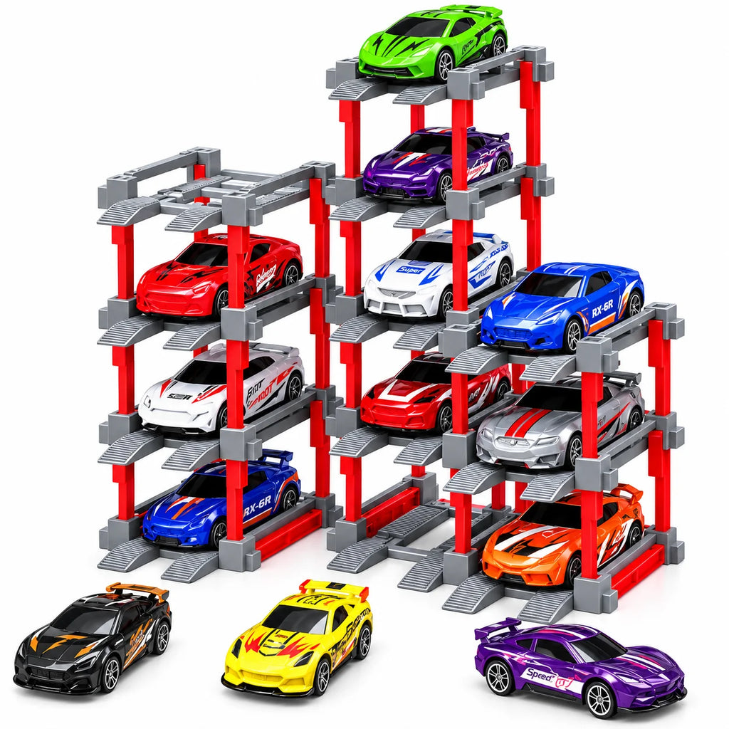 1:64 Pull-Back Die-Cast Cars with DIY Parking Tower – 12 Cars