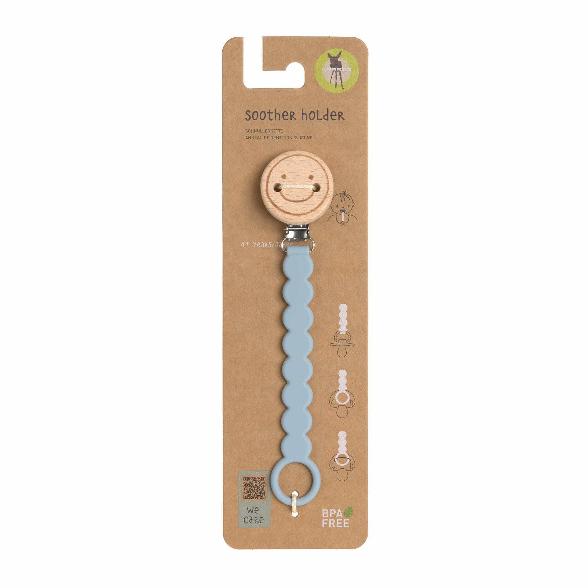 Lassig Soother Holder Wood/Silicone Tiny Smile powder blue
