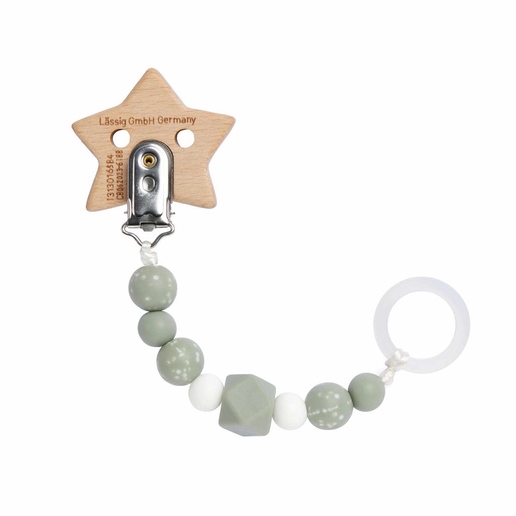 Lassig Soother Holder Wood/Silicone Little Universe Star olive