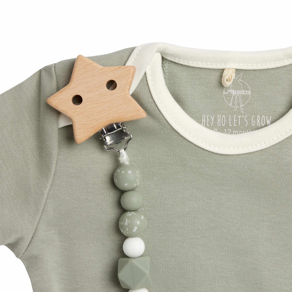 Lassig Soother Holder Wood/Silicone Little Universe Star olive