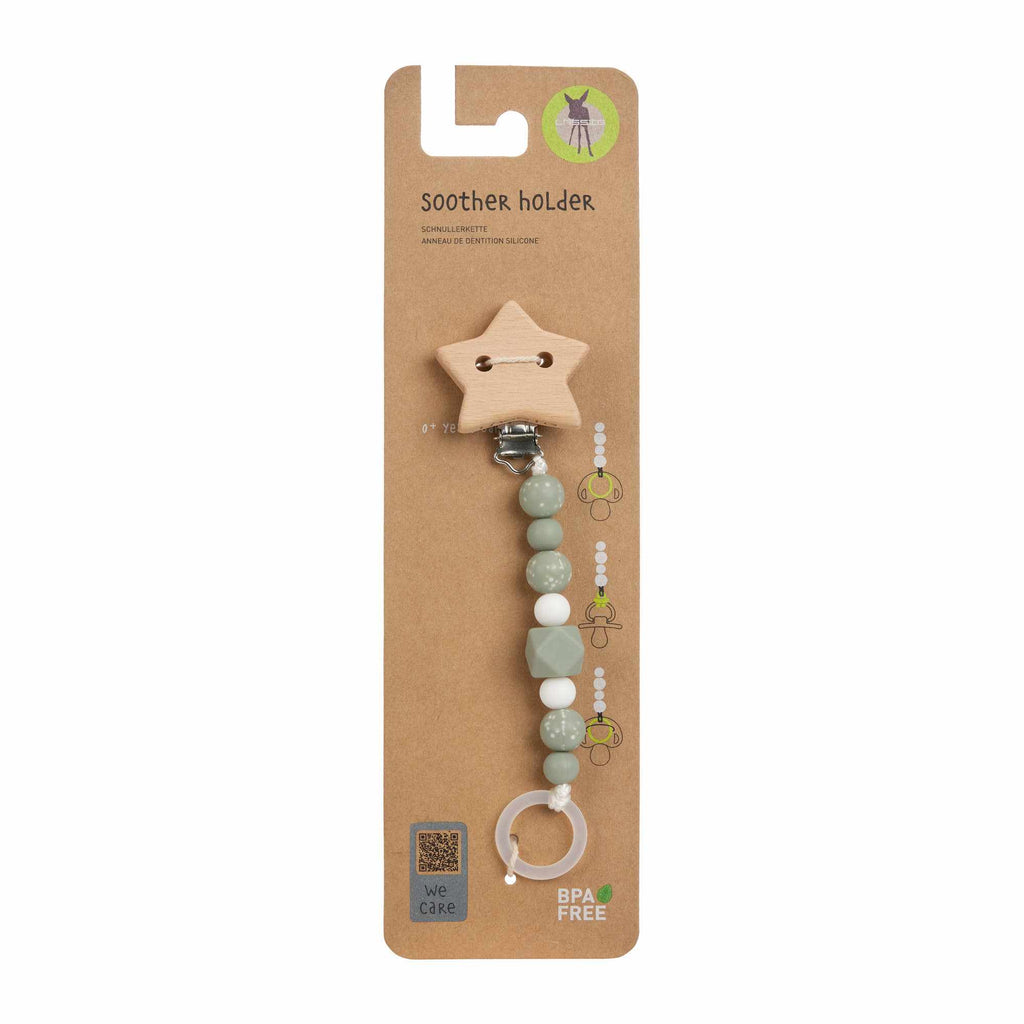 Lassig Soother Holder Wood/Silicone Little Universe Star olive