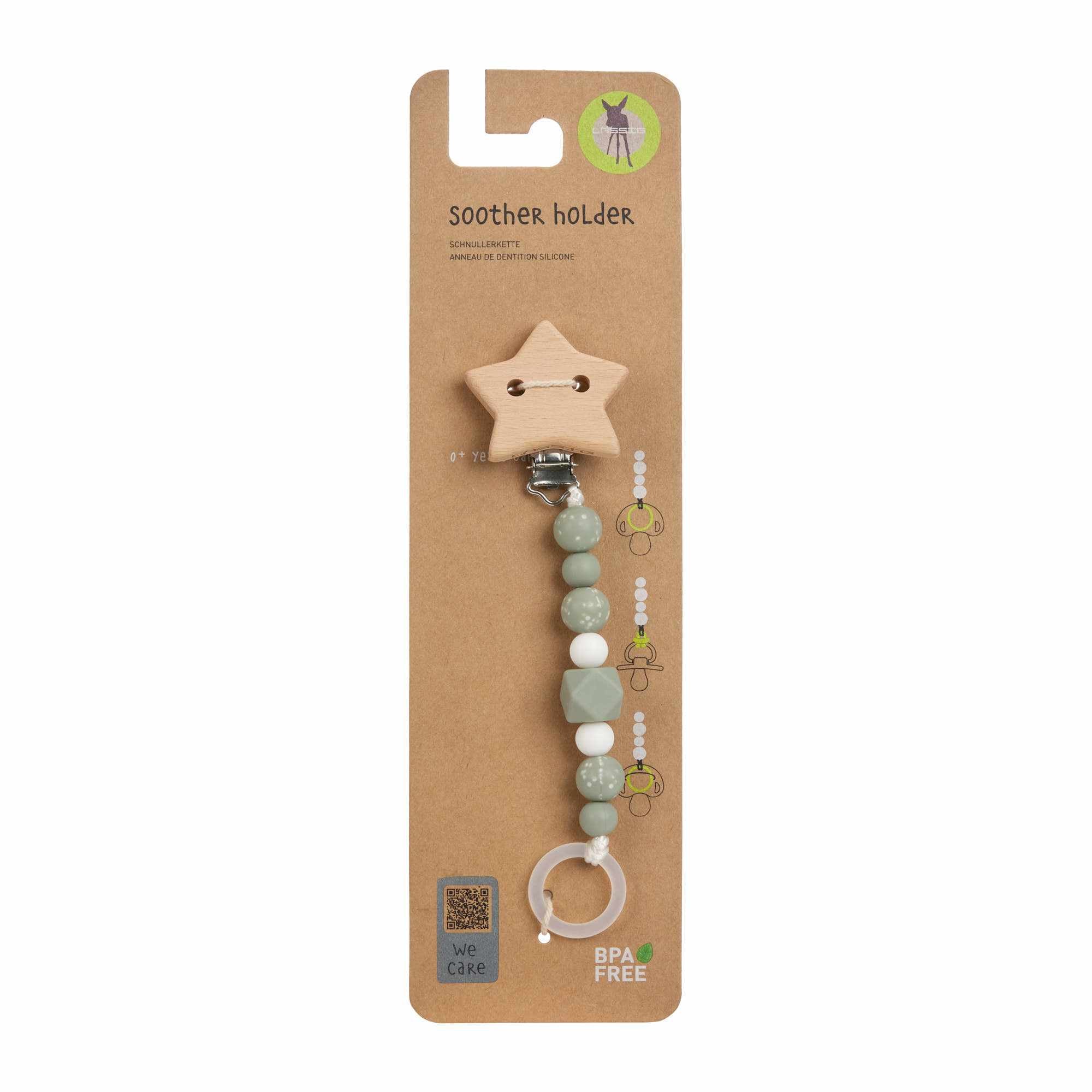 Lassig Soother Holder Wood/Silicone Little Universe Star olive