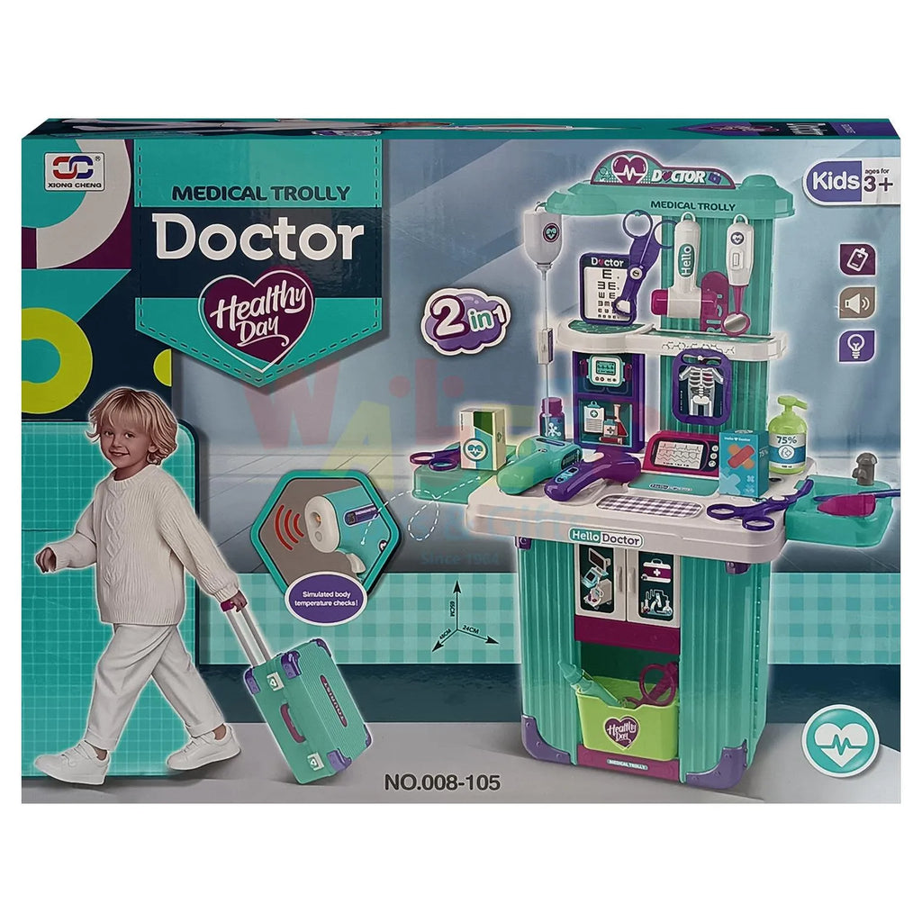 2-in-1 Kids Doctor Playset – Medical Trolley + Clinic Station