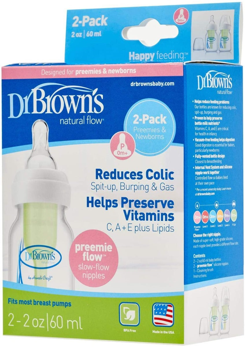 Dr. Browns 2 oz/60 ml PP Narrow Options+ Bottle, 2-Pack with Preemie Nipple