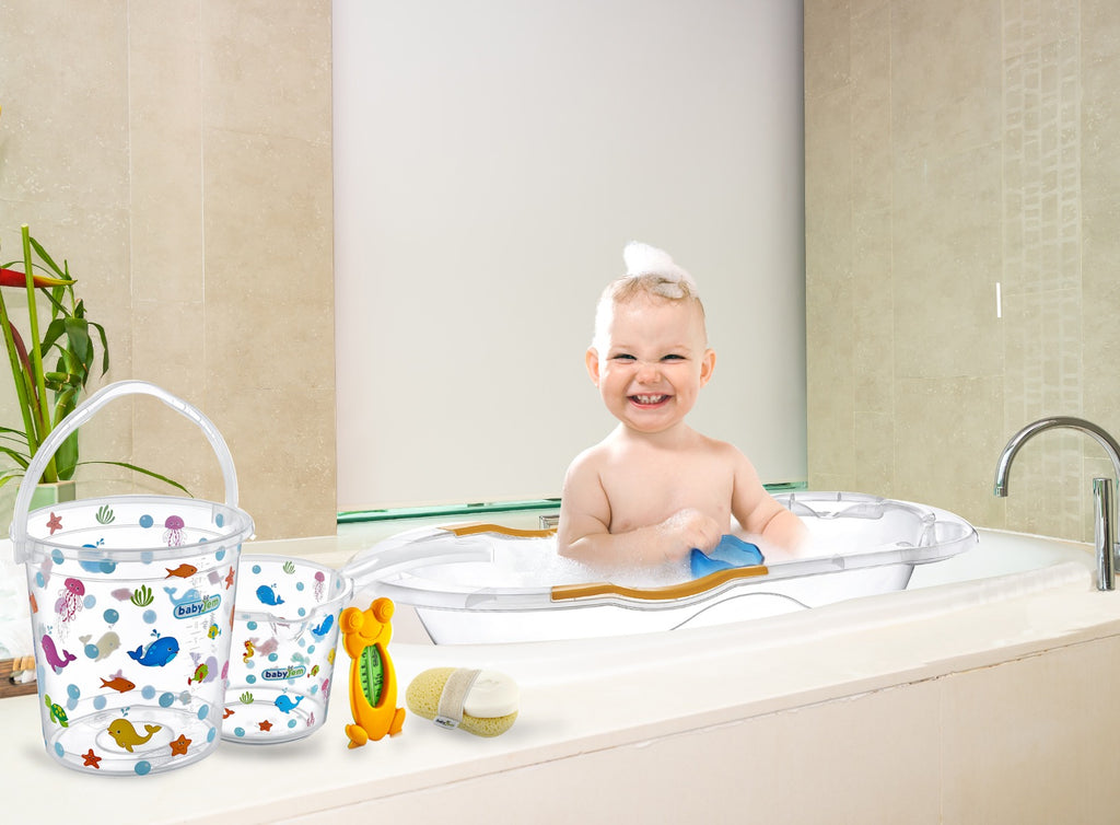 بيبي جيم_ حوض الاستحمام مع داعم_أبيض