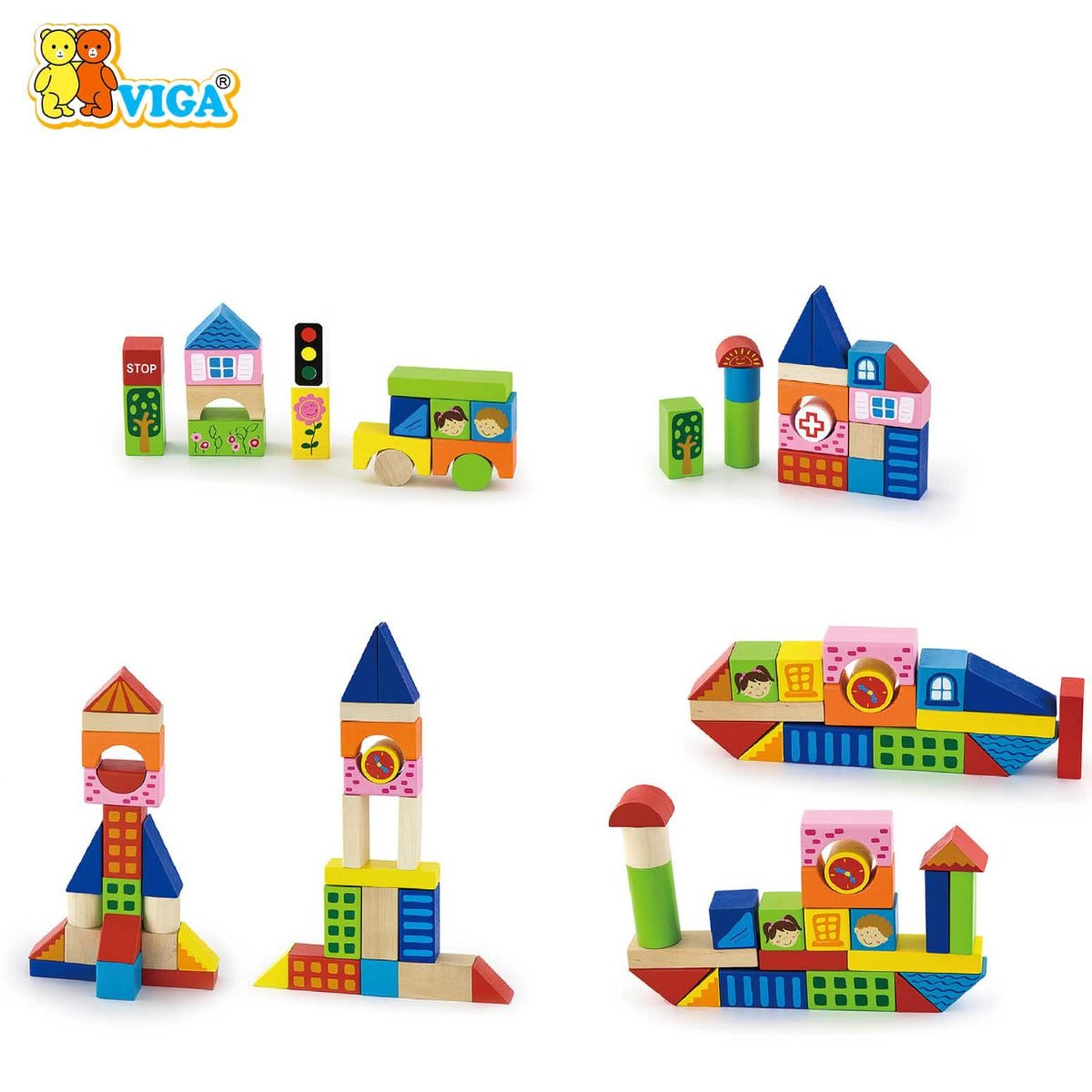 Viga Wooden Building Blocks 75 Pcs - City
