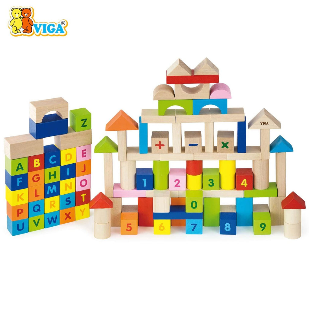 Viga Wooden Building Blocks 100 Pcs - Alphabet & Numbers