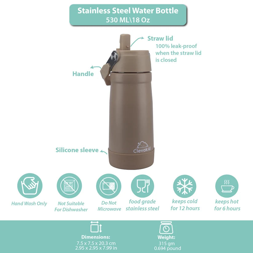 Clevakid Stainless Steel Water Bottle Brown Latte- 530ML\18 OZ