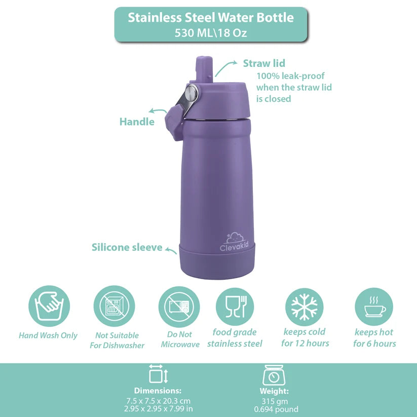 Clevakid Stainless Steel Water Bottle Purple Light- 530ML\18 OZ