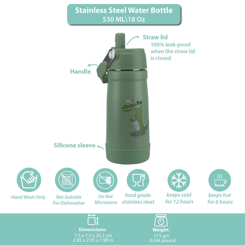 Clevakid Stainless Steel Water Bottle Green Leaves- 530ML\18 OZ - ClevaGator Friend
