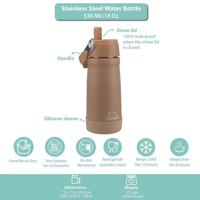 Clevakid Stainless Steel Water Bottle Orange Light Peach- 530ML\18 OZ