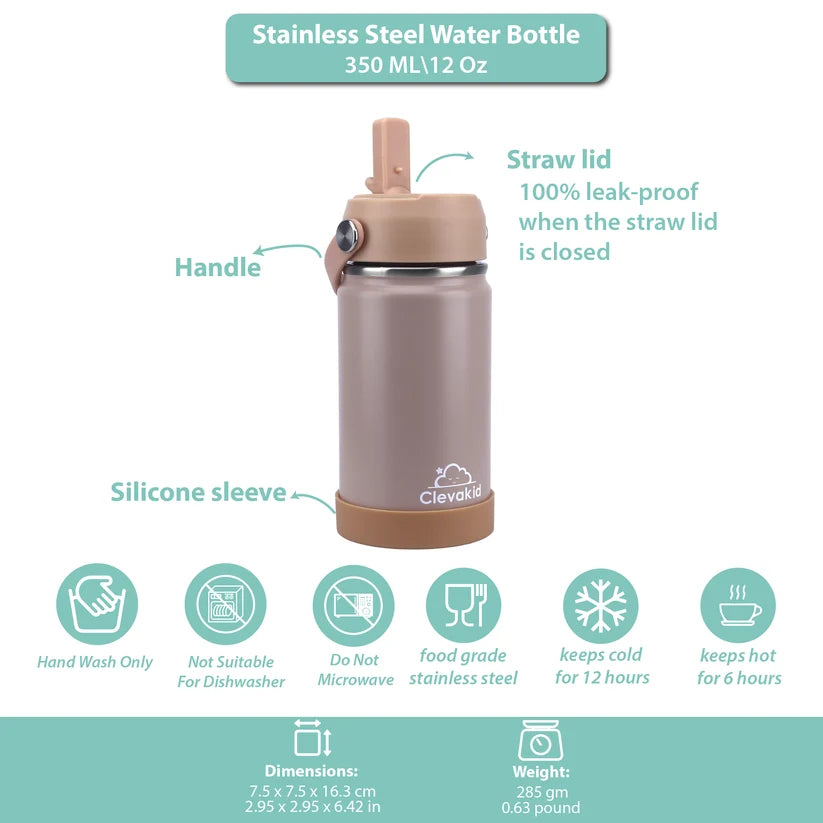 Clevakid Stainless Steel Water Bottle Dark Brown Toffee- 350ML\12 OZ