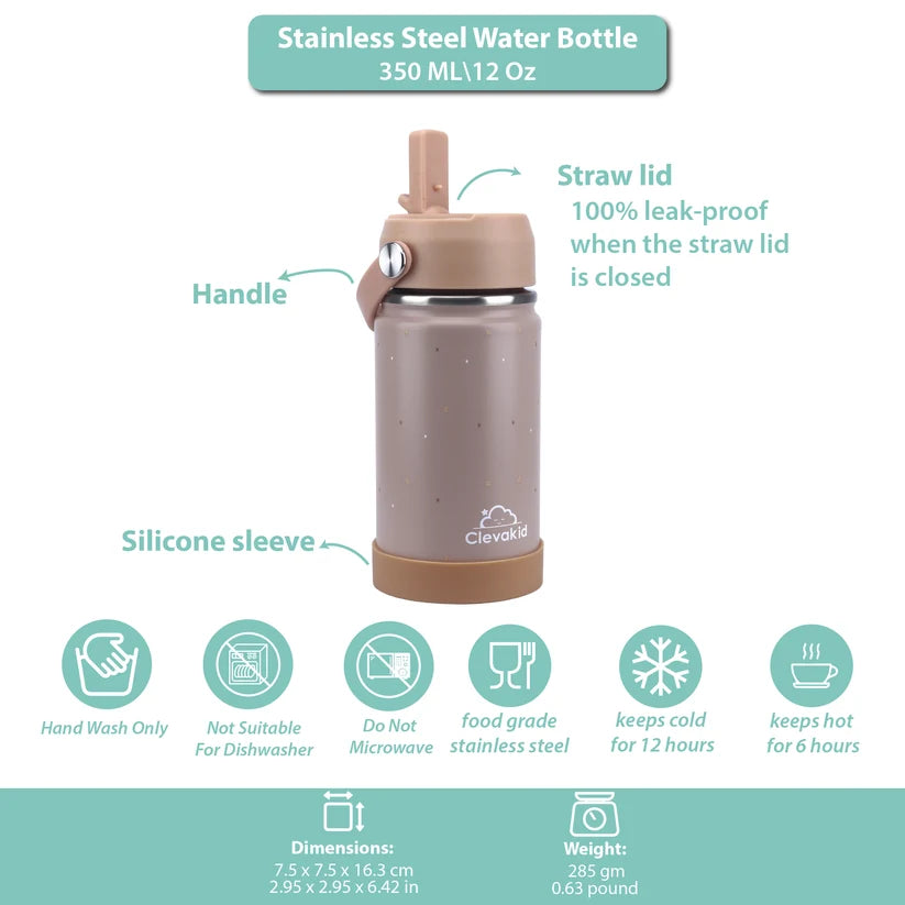 Clevakid Stainless Steel Water Bottle Dark Brown Toffee- 350ML\12 OZ - ClevaWhity Friend