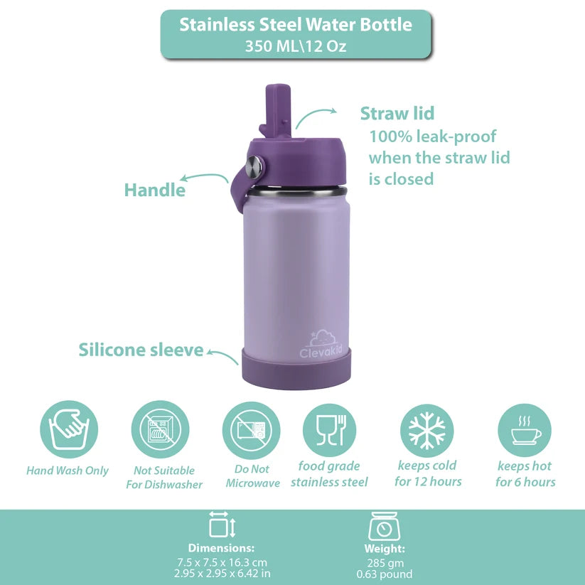 Clevakid Stainless Steel Water Bottle Purple Light Powder- 350ML\12 OZ