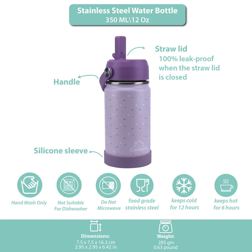 Clevakid Stainless Steel Water Bottle Purple Light Powder- 350ML\12 OZ - Clevapirouette Friend
