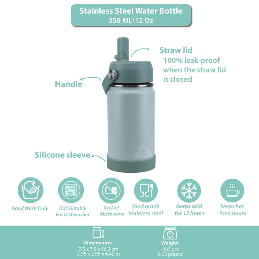 Clevakid Stainless Steel Water Bottle Green Light Mint- 350ML\12 OZ