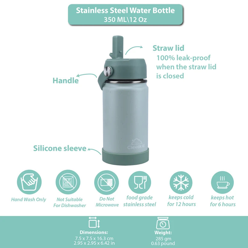 Clevakid Stainless Steel Water Bottle Green Light Mint- 350 ML\12 OZ - ClevaInk Friend