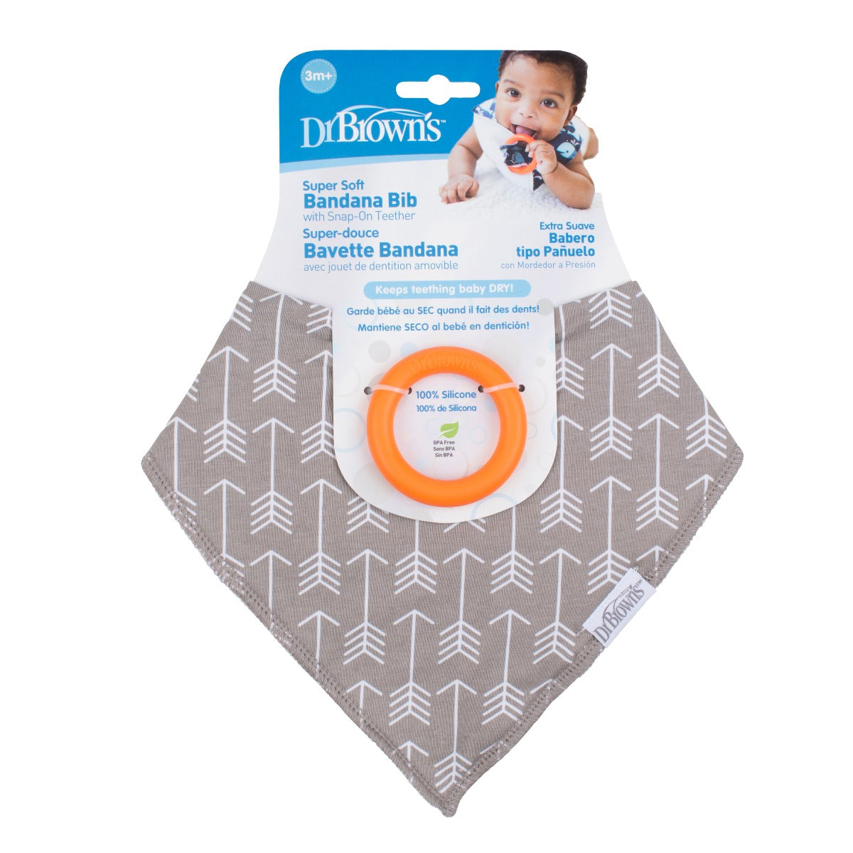 Dr.Brown's Bandana Bib w/ Teether, 1-Pack, Arrows (Gray with Orange Teether)