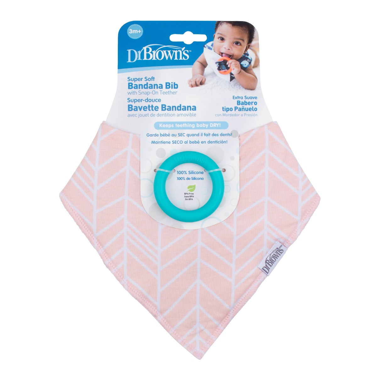 Dr.Brown's Bandana Bib w/ Teether, 1-Pack, Herringbone (Pink with Turquoise Teether)