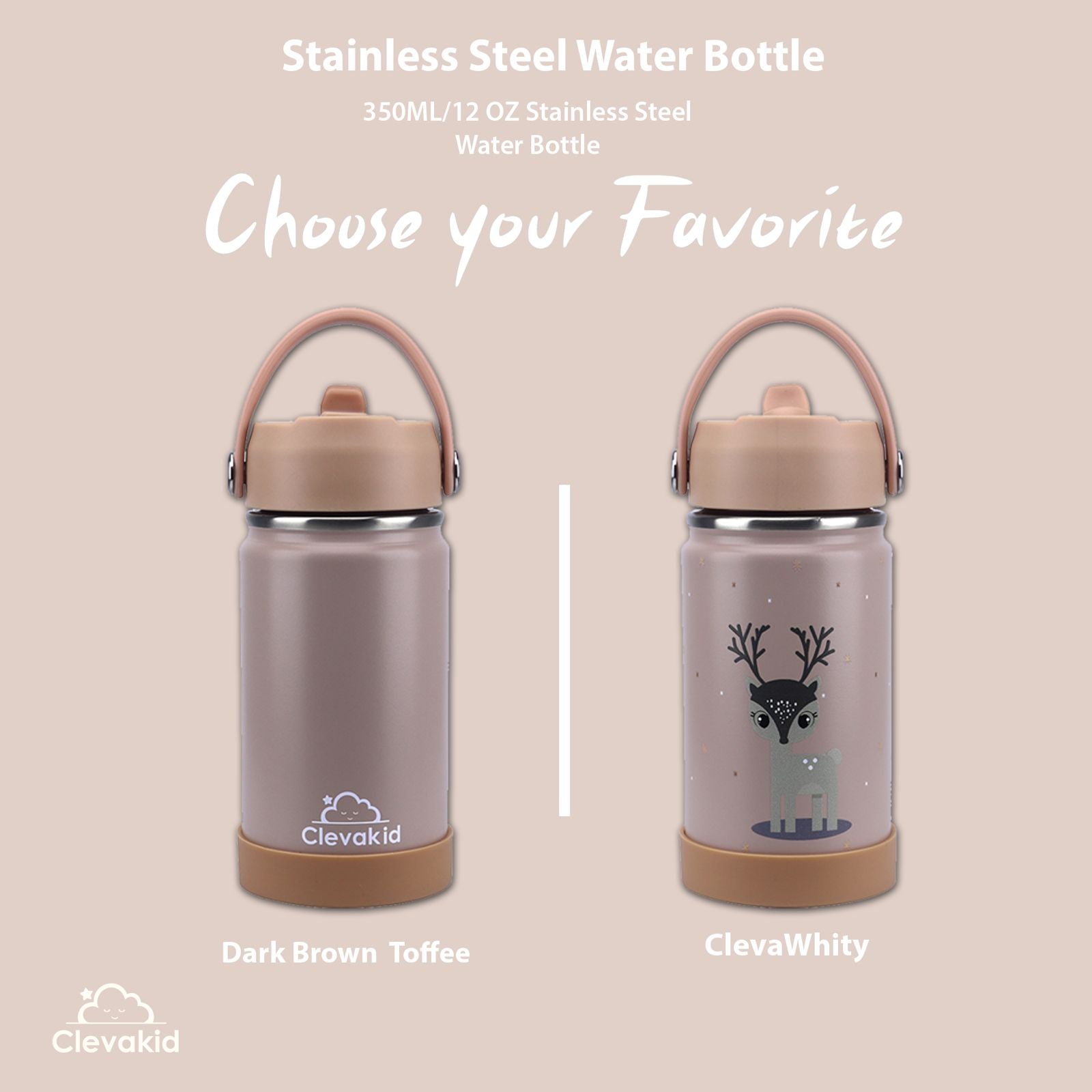 Clevakid Stainless Steel Water Bottle Dark Brown Toffee- 350ML\12 OZ - ClevaWhity Friend