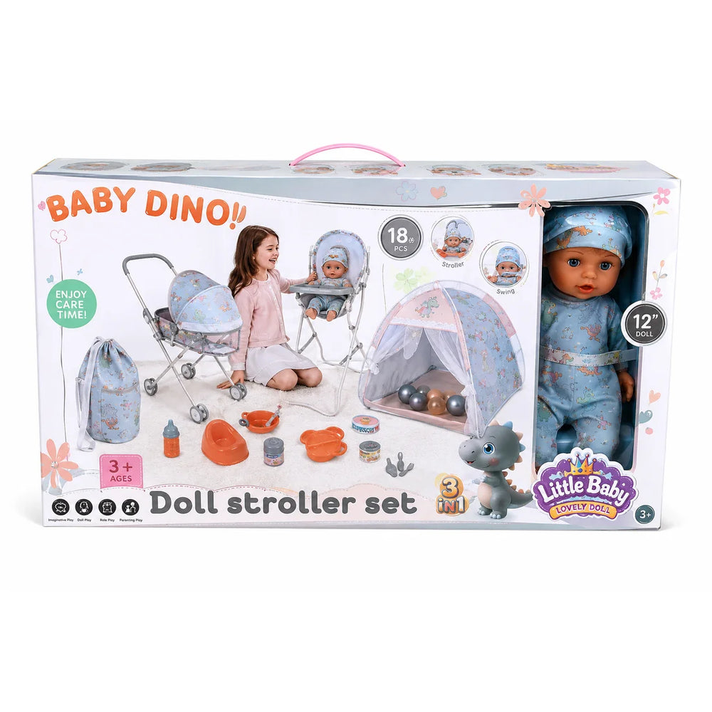 Baby Dino Doll with Stroller Set