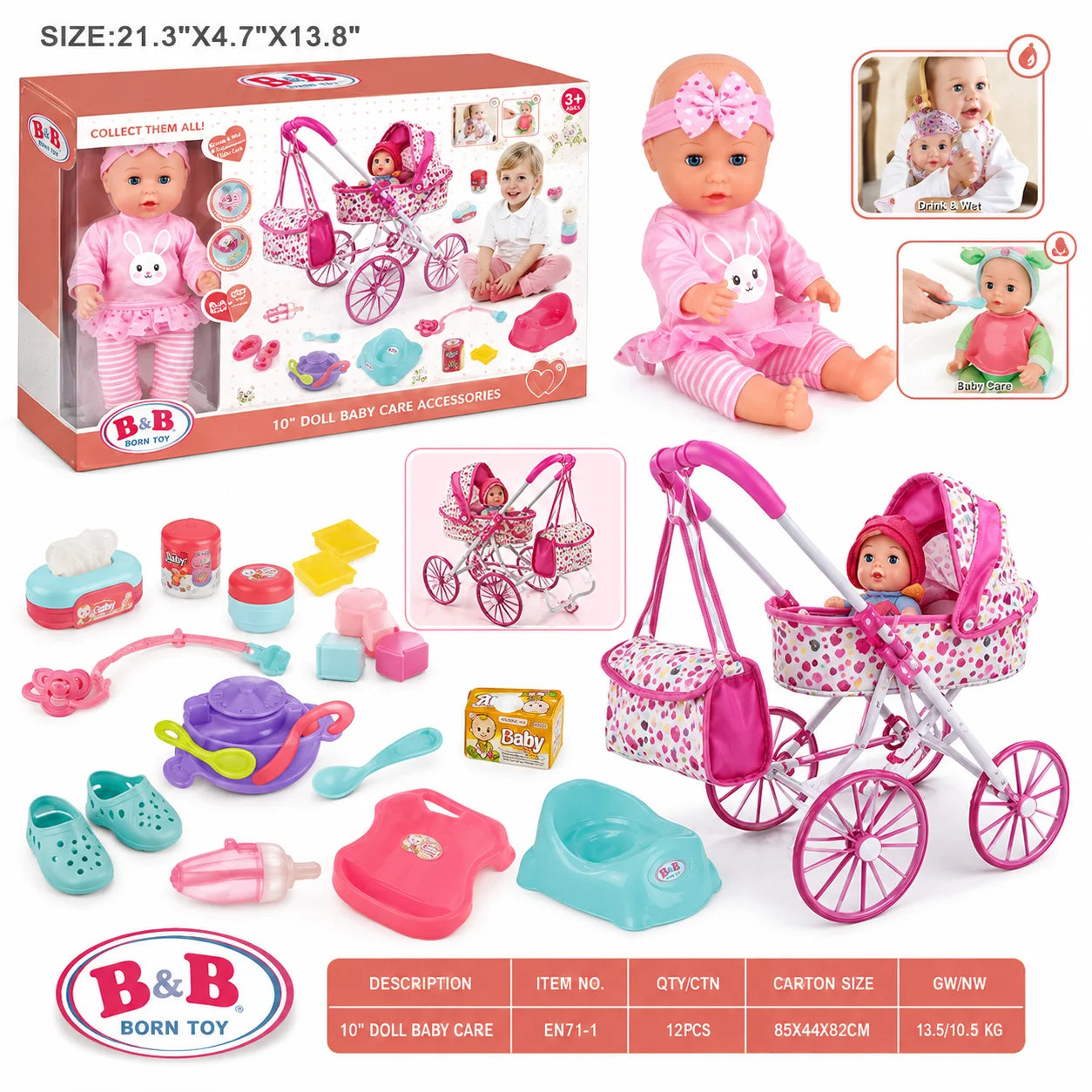 Baby Doll with Pram & 10 Accessories – Pink