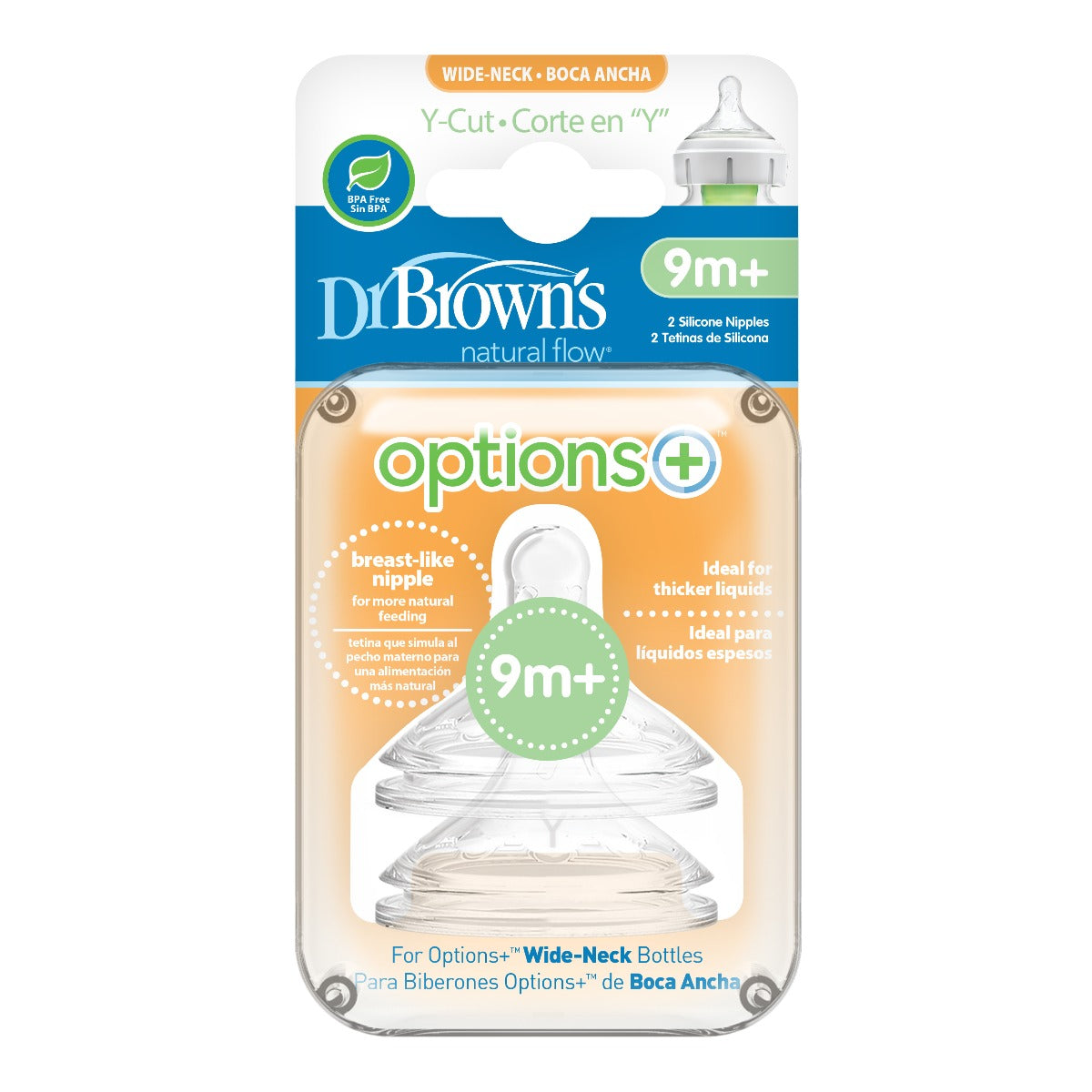 Dr.Brown's Y-Cut Wide-Neck Silicone Options+ Nipple, 2-Pack + 9 months )