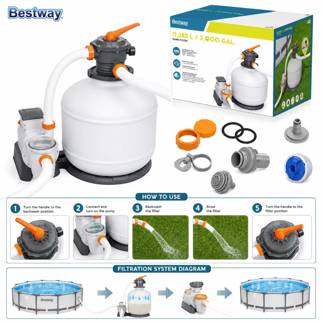 Bestway 11355L Sand Filter for Clean Pool Water