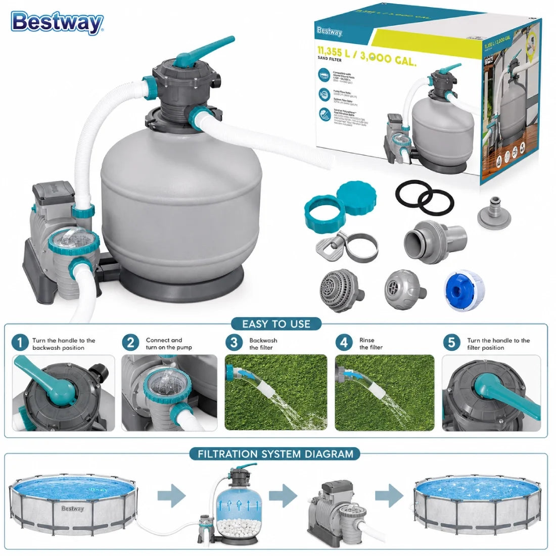 Bestway 11355L Sand Filter for Clean Pool Water
