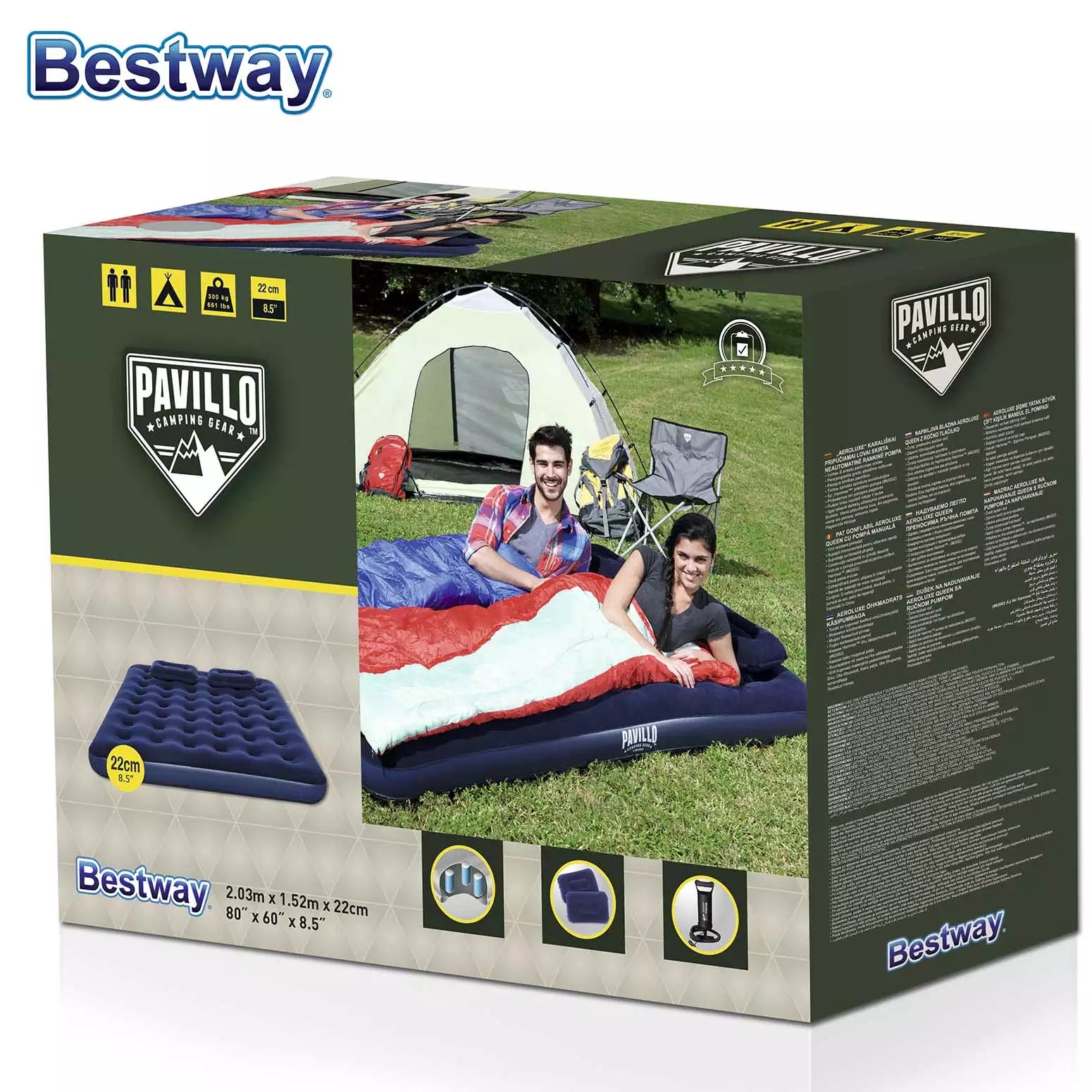 Bestway 2.03m 1.52m 22cm Air Mattress Queen Manual Hand Pump Air Mattress Two Pillows Repair Patch With Air Hammer Inflation Pump