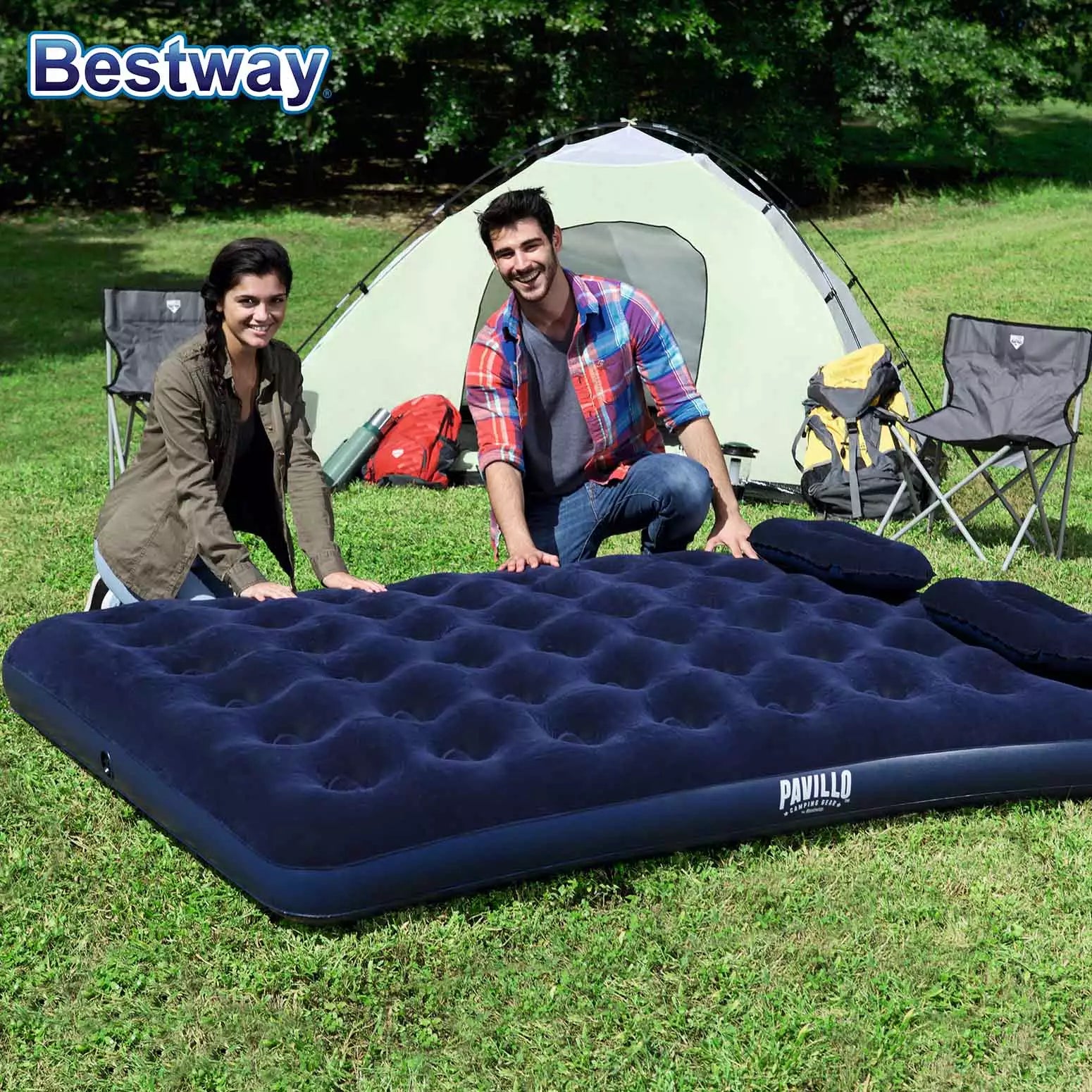 Bestway 2.03m 1.52m 22cm Air Mattress Queen Manual Hand Pump Air Mattress Two Pillows Repair Patch With Air Hammer Inflation Pump