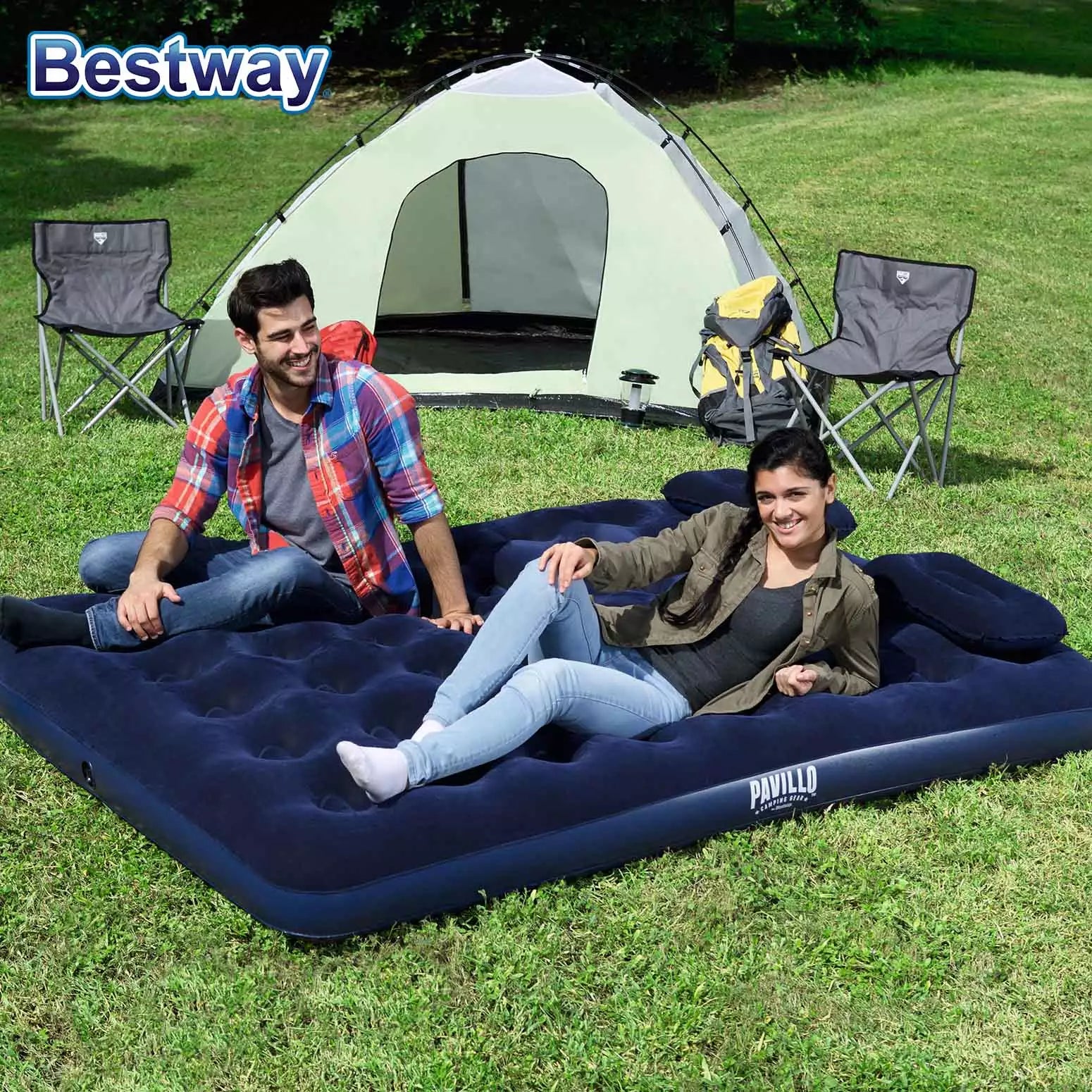 Bestway 2.03m 1.52m 22cm Air Mattress Queen Manual Hand Pump Air Mattress Two Pillows Repair Patch With Air Hammer Inflation Pump