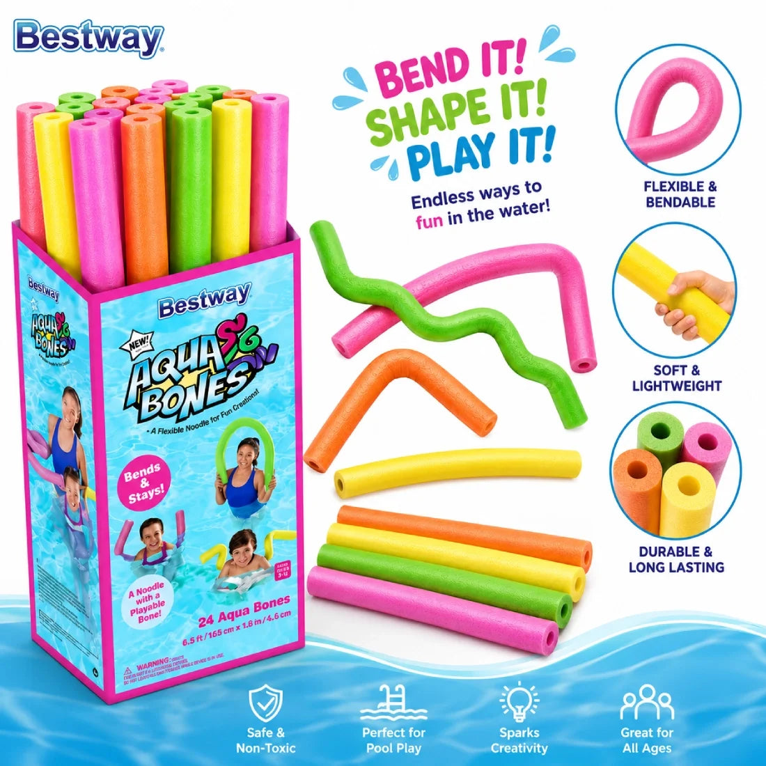 Bestway Aqua Bones Pool Noodles for Water Fun, Assorted