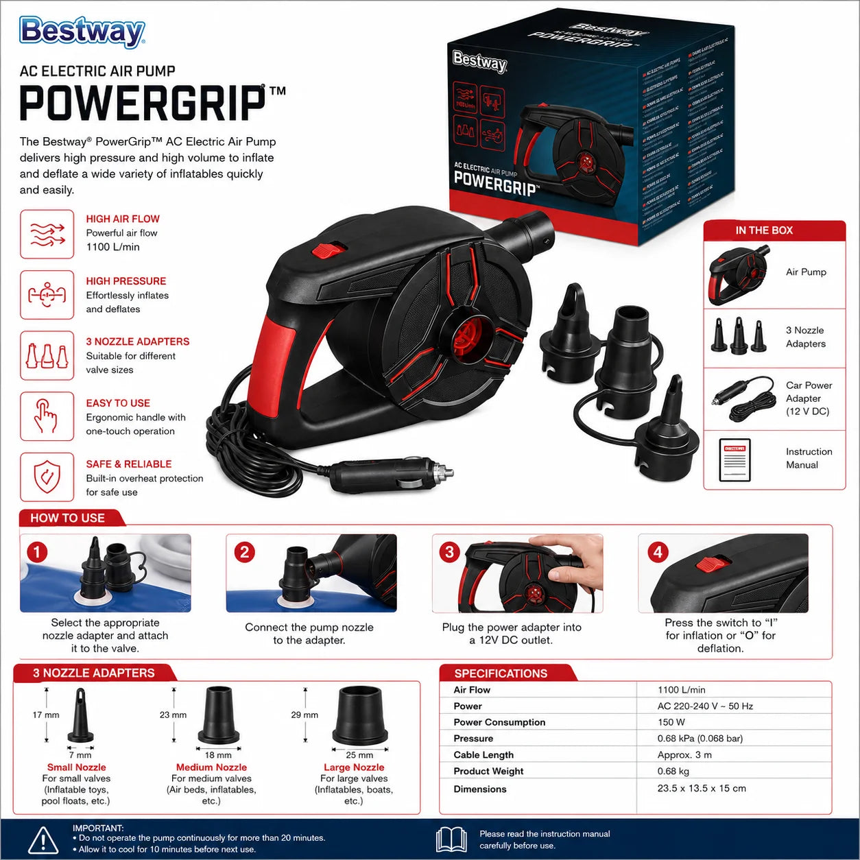 Bestway PowerGrip AC Electric Air Pump 1100L/Min