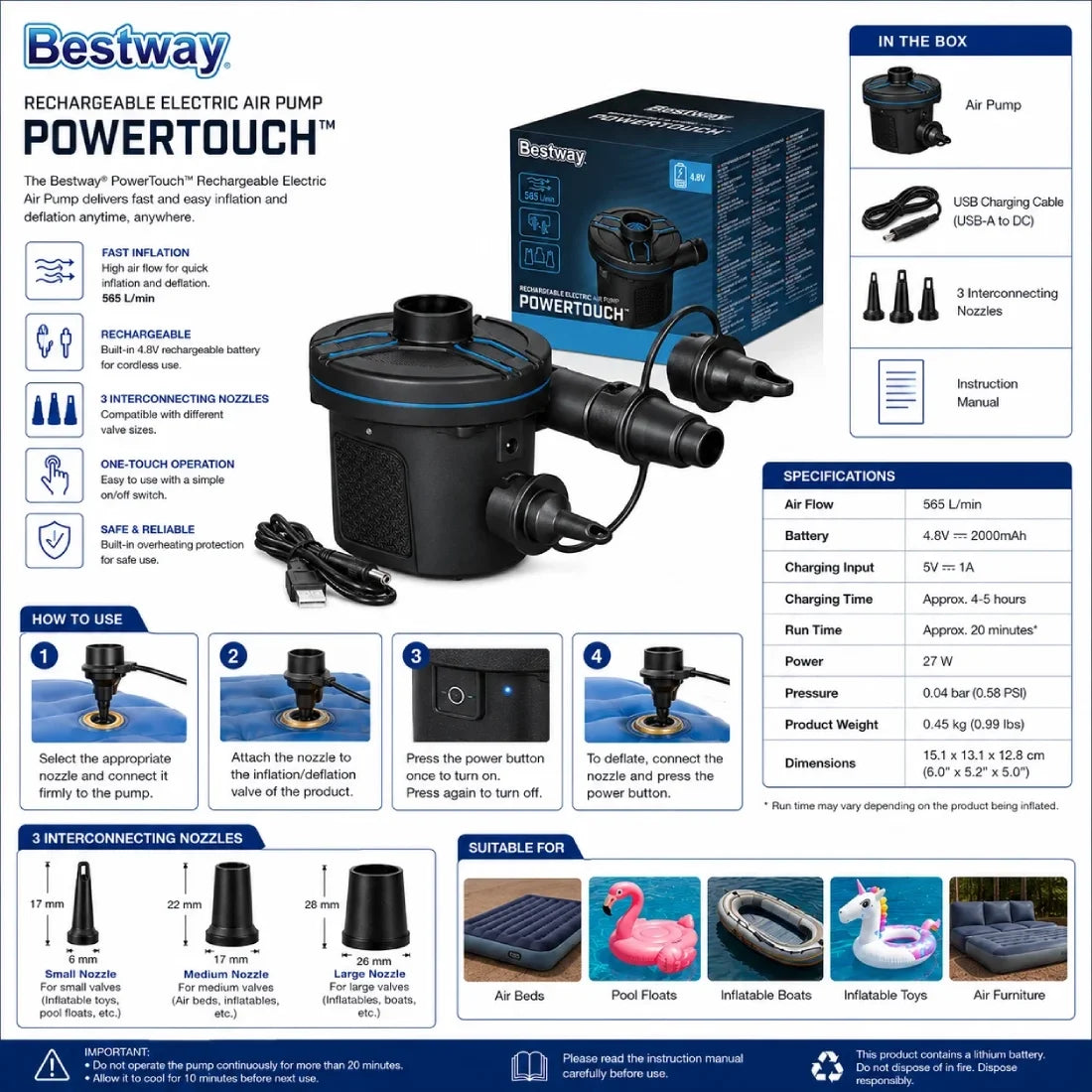 Bestway PowerTouch Rechargeable Electric Air Pump 565L/Min