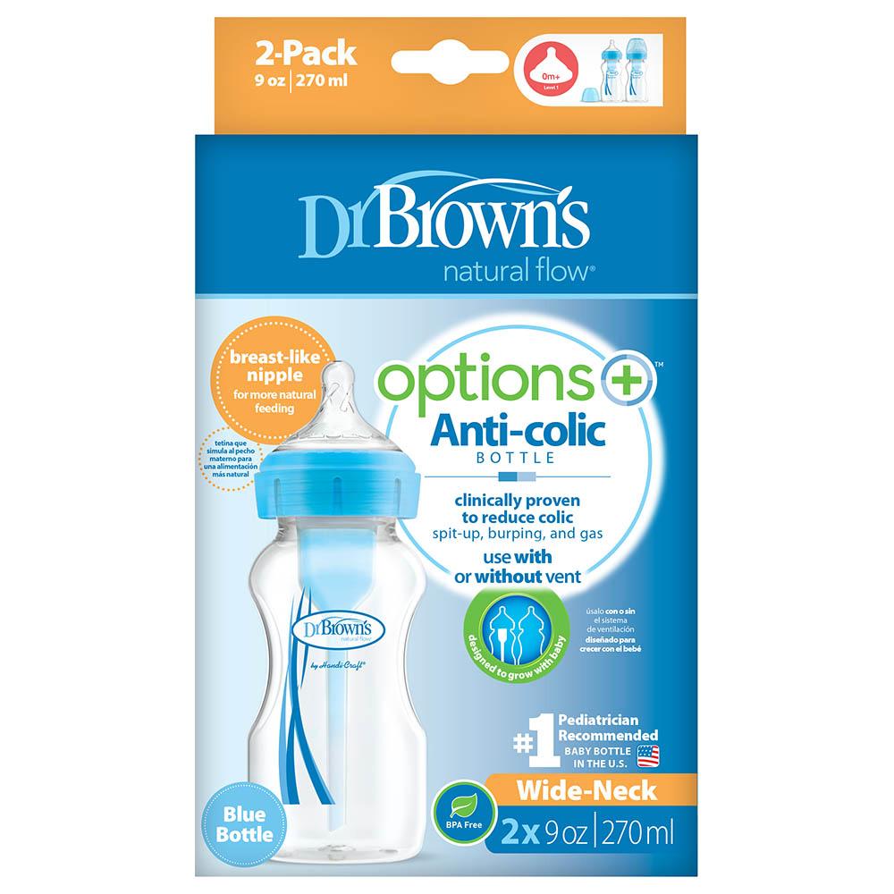 Dr Brown's 9 oz 270 ml PP Wide Neck Options Bottle, BLUE, 2 Pack