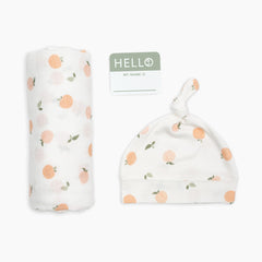 Lulujo Hello World Swaddle & Hat Set - Peaches
