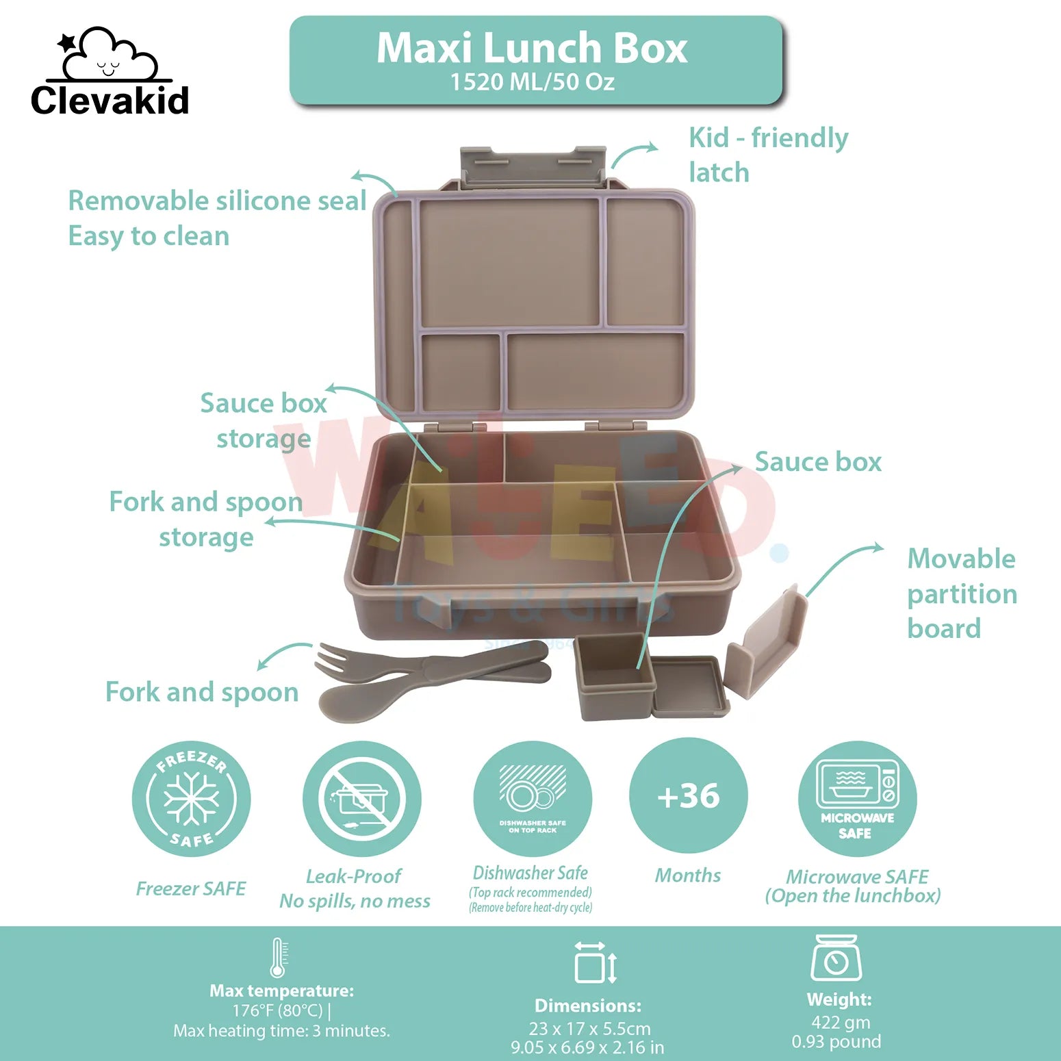 Clevakid Maxi Lunch Box Brown Dark Toffeh 1520ML\50 OZ - ClevaElphaa Friend
