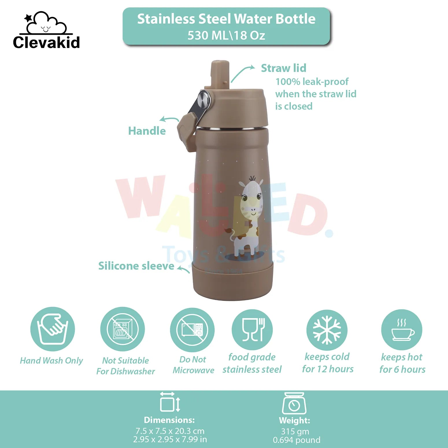 Clevakid Stainless Steel Water Bottle Brown Latte- 530ML\18 OZ - ClevaNeckee Friend