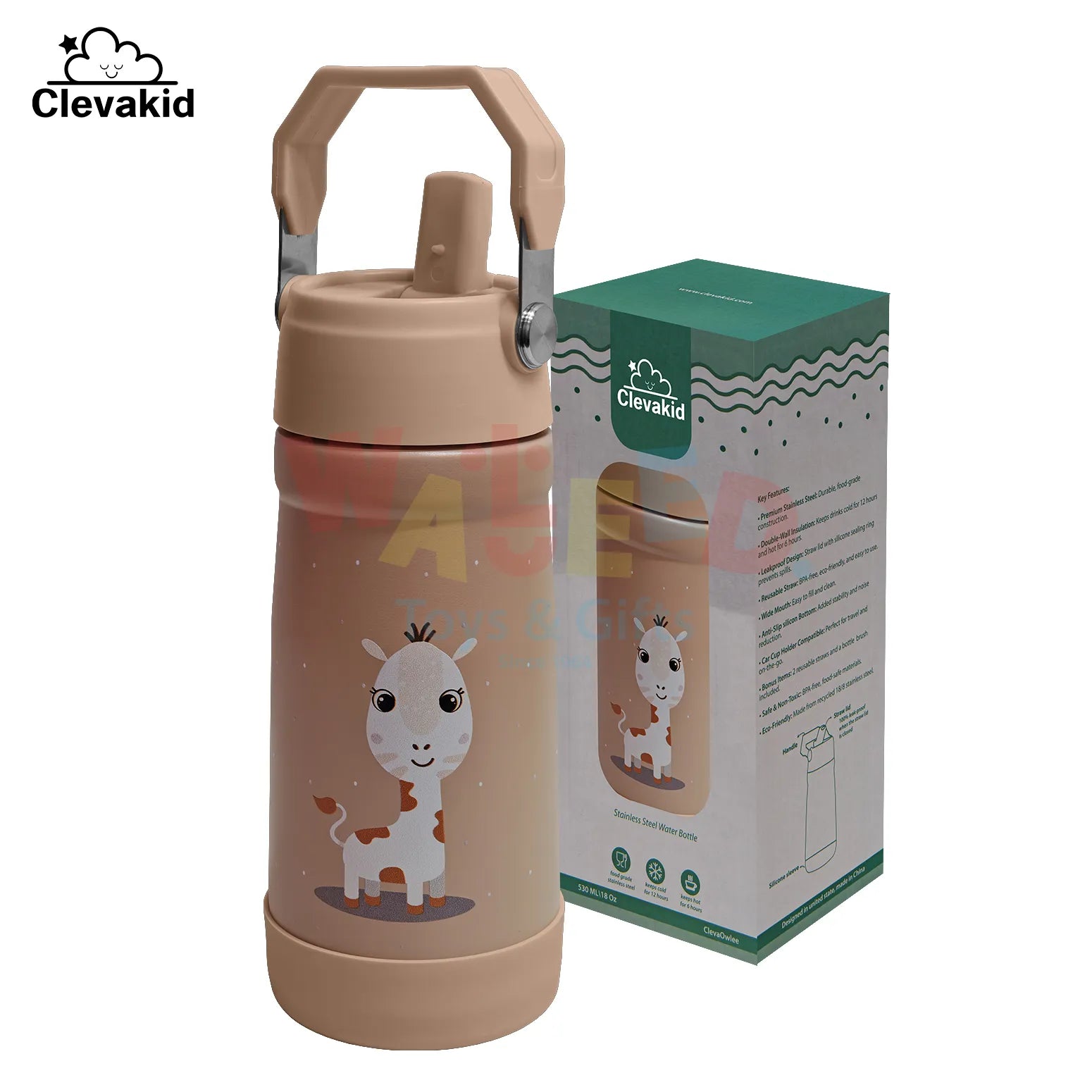 Clevakid Stainless Steel Water Bottle Brown Latte- 530ML\18 OZ - ClevaNeckee Friend