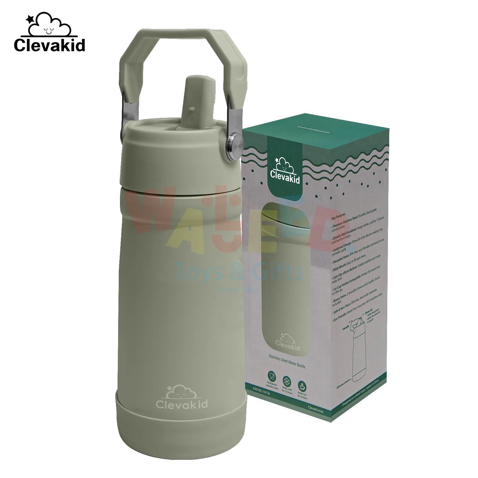 Clevakid Stainless Steel Water Bottle Green Leaves- 530ML\18 OZ