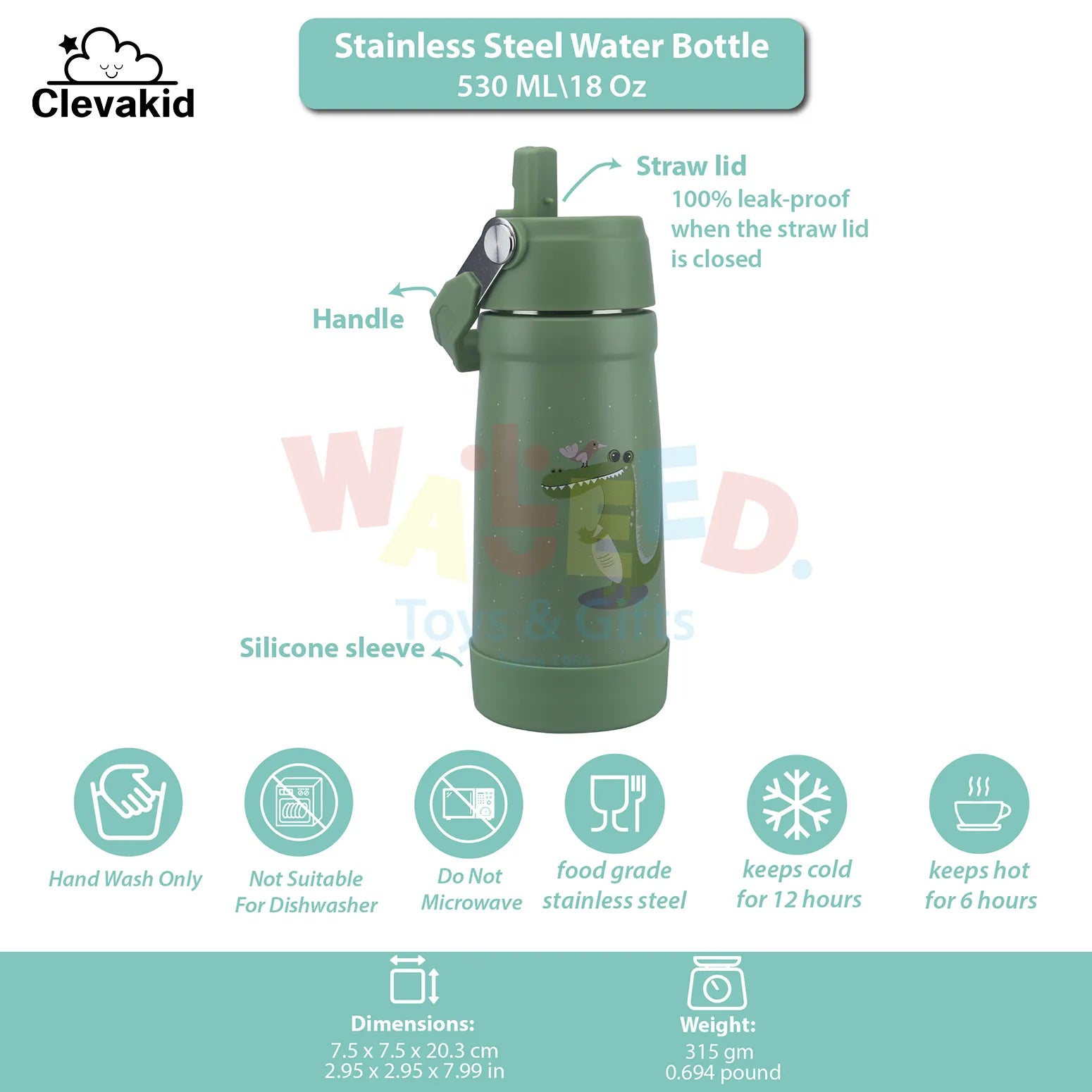 Clevakid Stainless Steel Water Bottle Green Leaves- 530ML\18 OZ - ClevaGator Friend